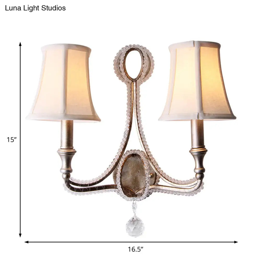 2-Head Retro Loft Fabric Wall Light - Conical Sconce with Crystal Beaded Strand - Aged Silver