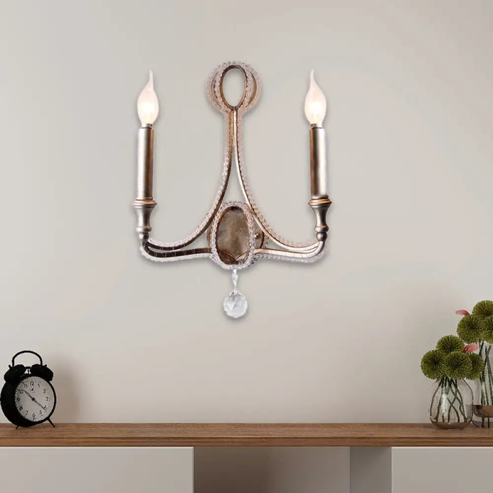 2-Head Retro Loft Fabric Wall Light - Conical Sconce with Crystal Beaded Strand - Aged Silver