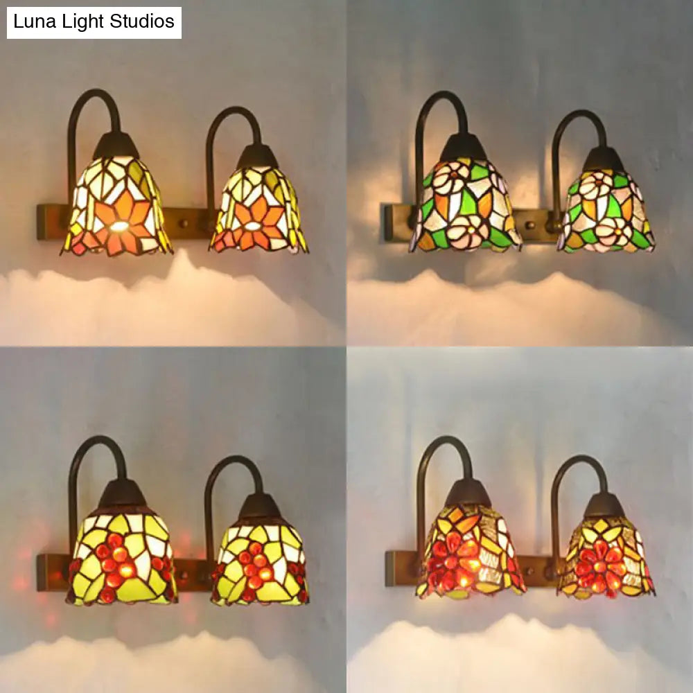 2-Head Tiffany Glass Wall Sconce Light in Flared Red/Purple/Pink with Flower Pattern