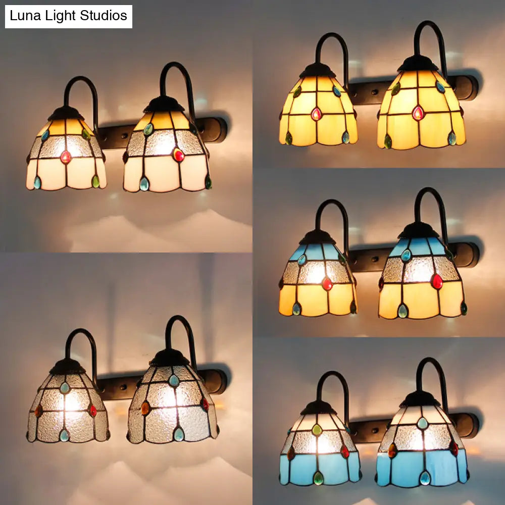 2-Head Tiffany White Grid Pattern Sconce with Agate Decoration - Wall Mounted Light