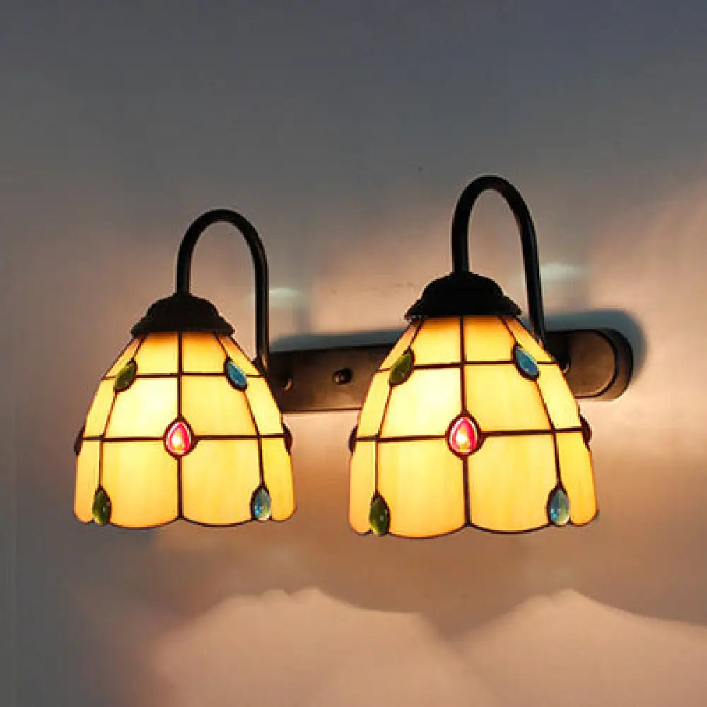2-Head Tiffany White Grid Pattern Sconce with Agate Decoration - Wall Mounted Light