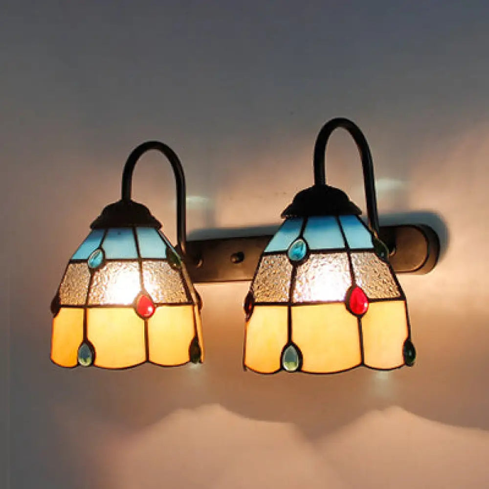 2-Head Tiffany White Grid Pattern Sconce with Agate Decoration - Wall Mounted Light