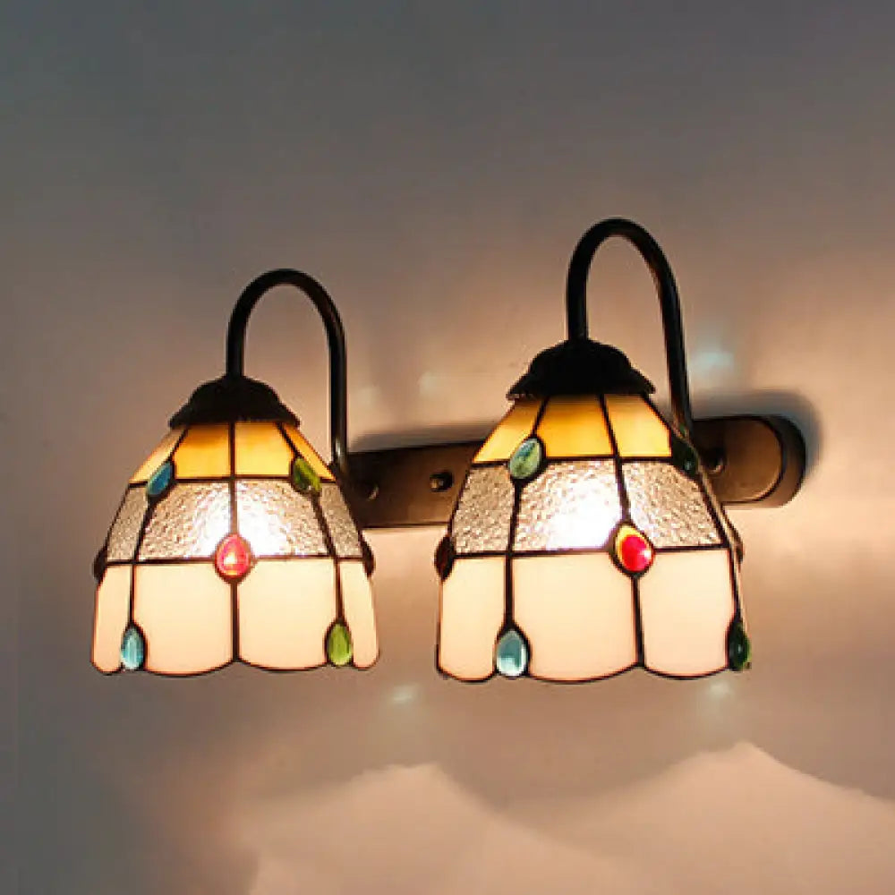 2-Head Tiffany White Grid Pattern Sconce with Agate Decoration - Wall Mounted Light