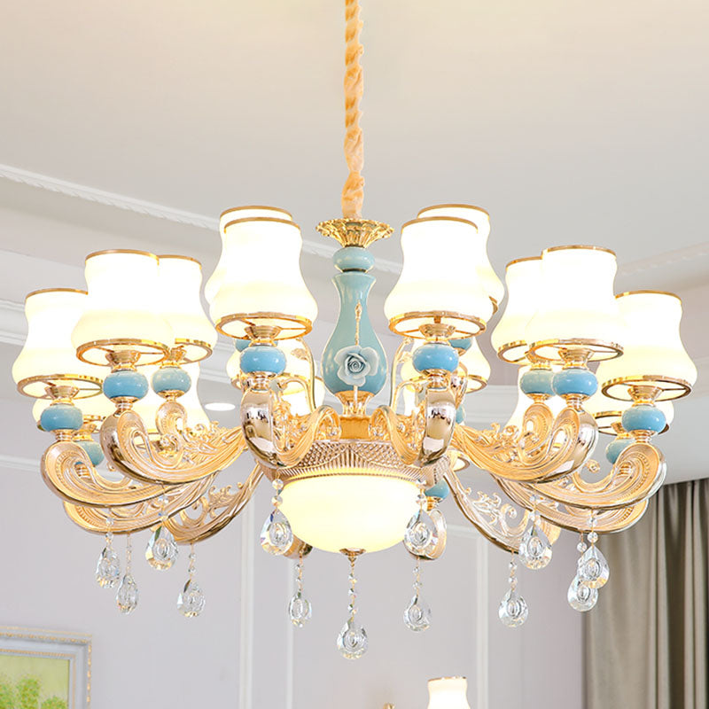 Modern Opal Frosted Glass Pendant Chandelier with Crystal Accent - Tapered Gold Hanging Light Kit