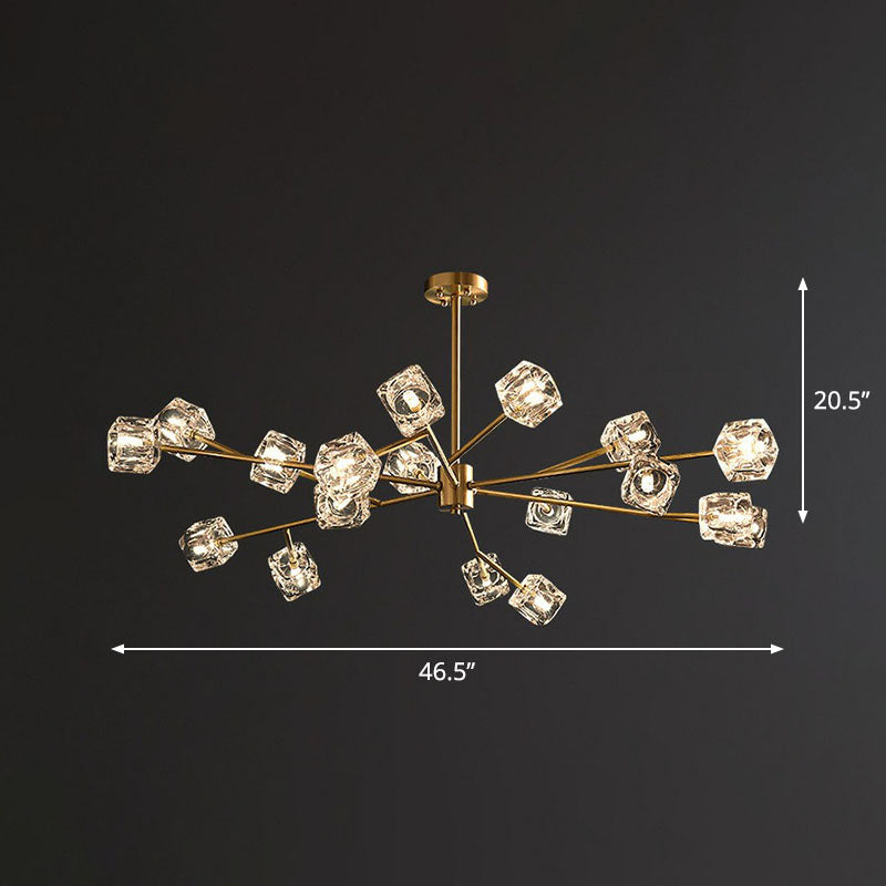 Modern Gold Branch Chandelier Lamp with Clear Crystal Cube - Living Room Suspension Light