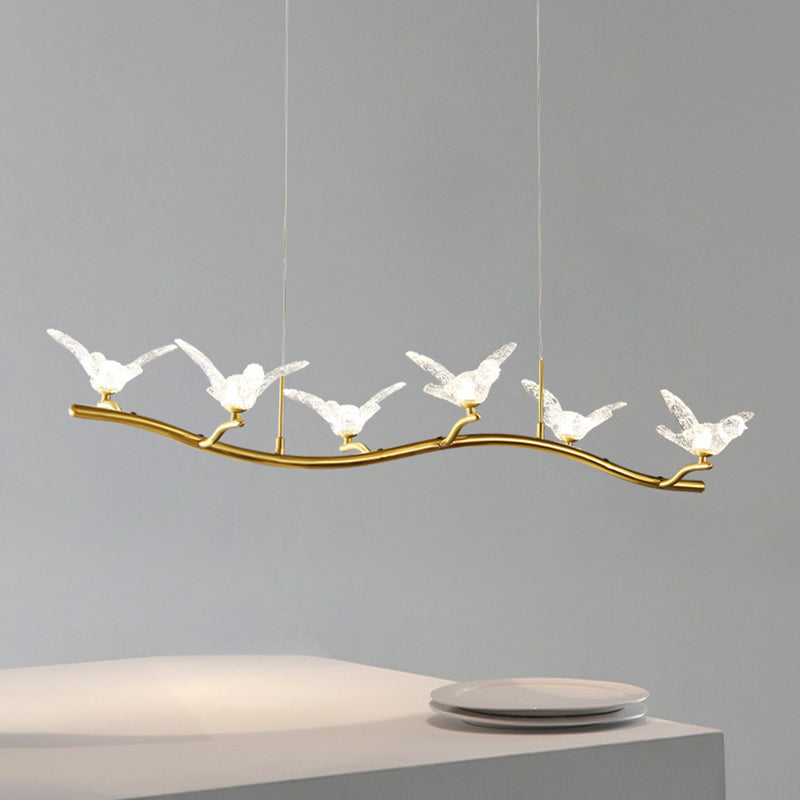 Twig Pendant Lamp with Bird Decor – Gold Finish & LED Acrylic Island Light