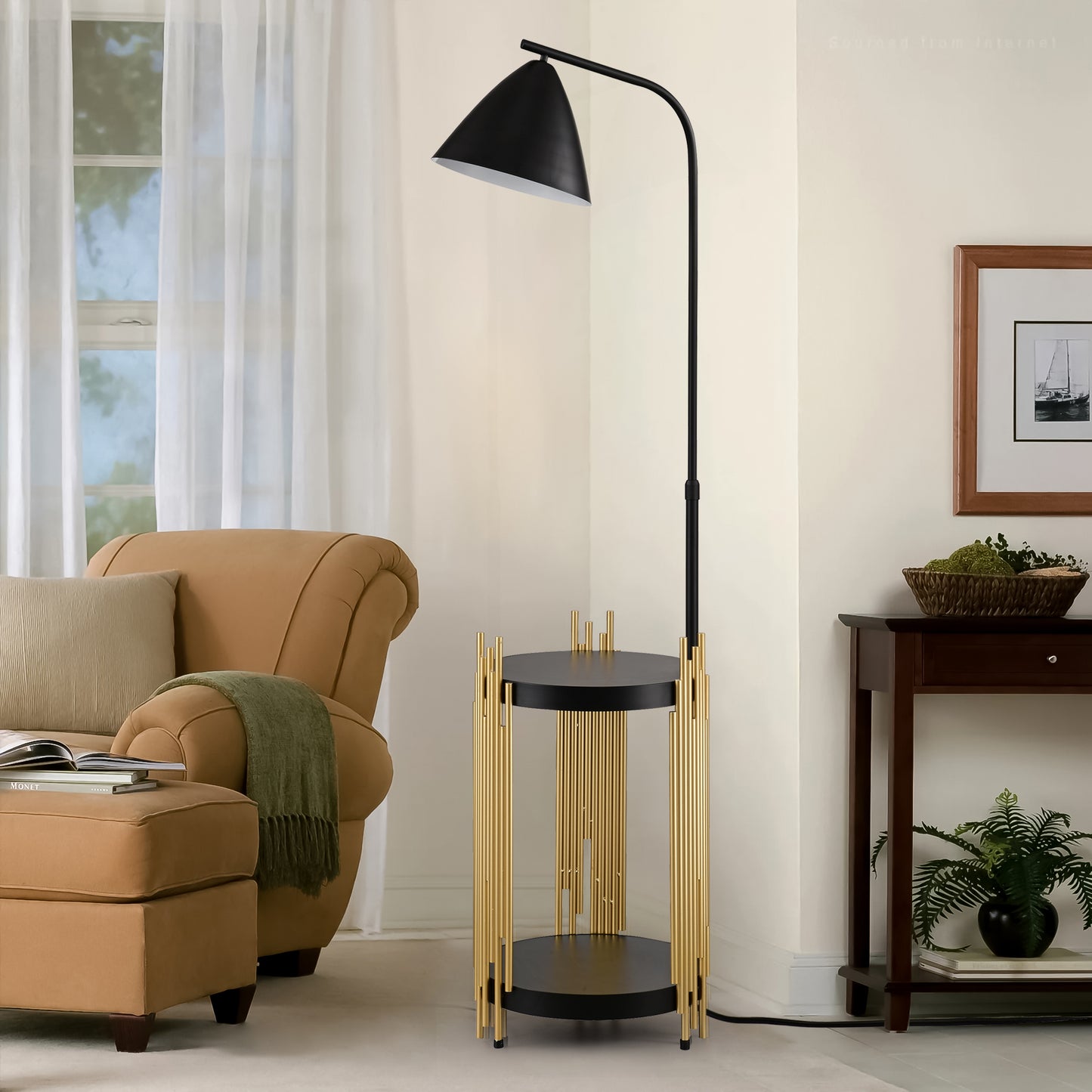 Luxury Shelves Floor Lamp For Living Room With Metal Lampshade, Standing Lamp Tall Industrial Floor Lamp Reading For Bedroom, Office E26 No Included Bulb -Matte Gold Matte Black