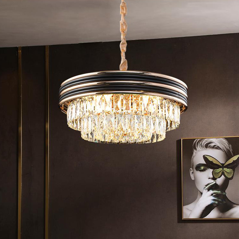 Lámpara de araña moderna redonda de cristal de 3 niveles - Negra, 9/11 cabezales, 45,7/54,6 cm de ancho