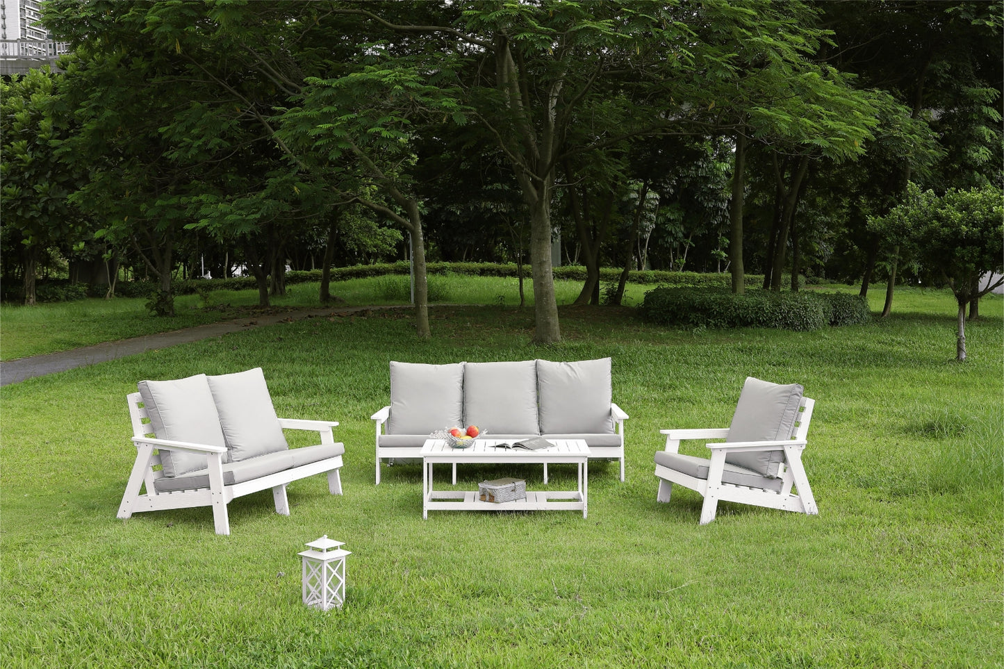 HIPS 3 Seater Sofa With Cushion, Wood Grain Outdoor Garden Sofa,White Grey