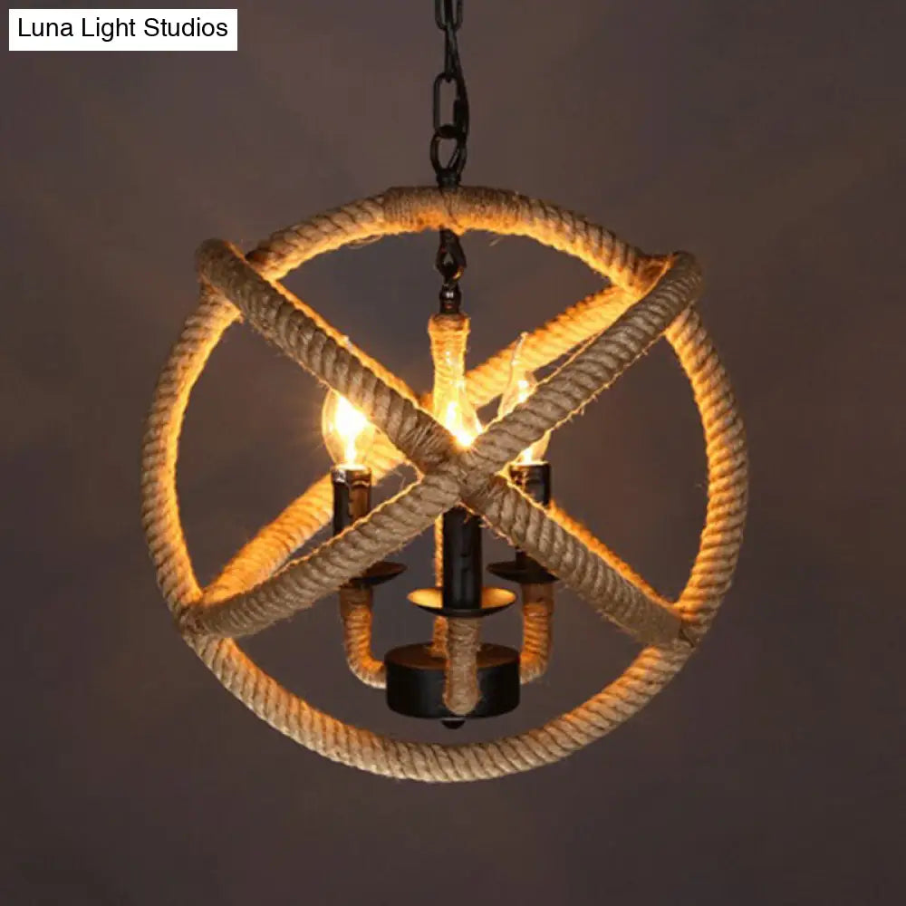 Lámpara de araña esférica de 3 cabezas con cuerda de cáñamo y luz colgante beige