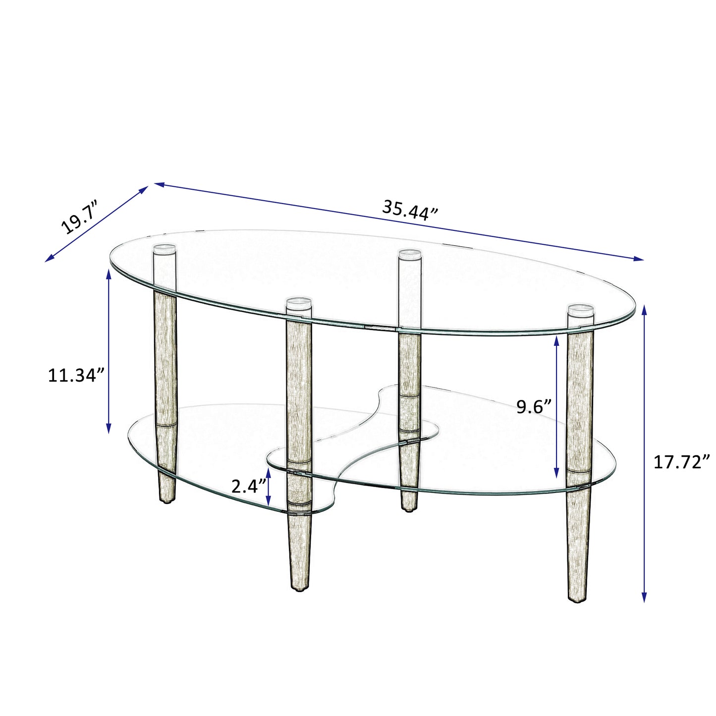 Transparent Oval Glass Coffee Table Modern Table Wood Leg Tea Table 3-layer