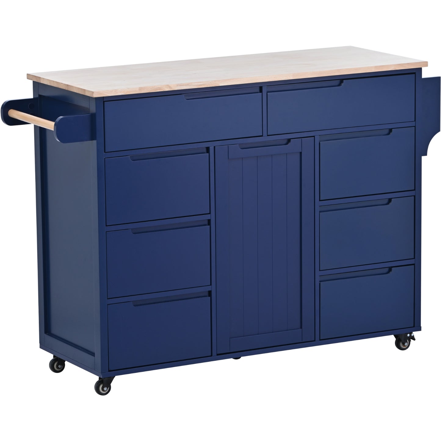 K&K Store Kitchen Cart With Rubber Wood Top, 8 Handle-Free Drawers