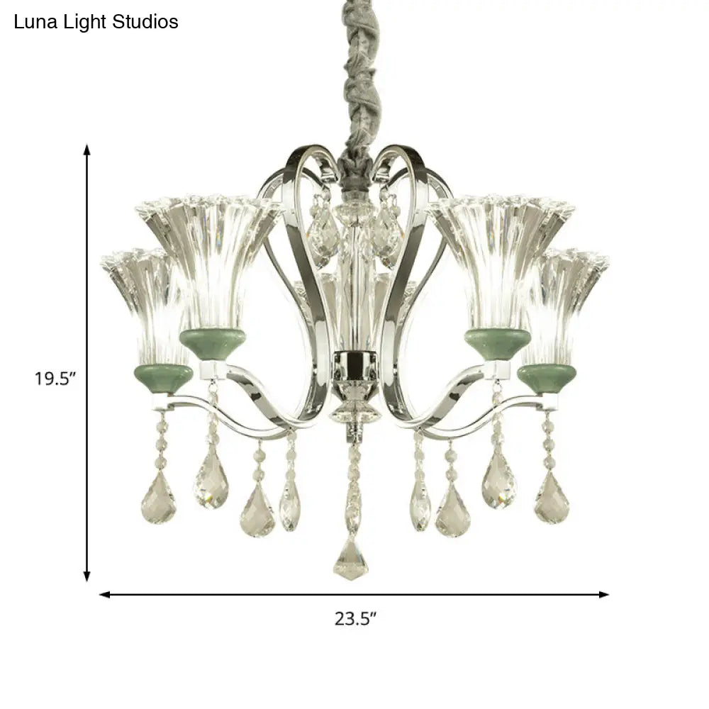 Lámpara de araña moderna de 5 bombillas con colgante de cristal verde y vidrio.
