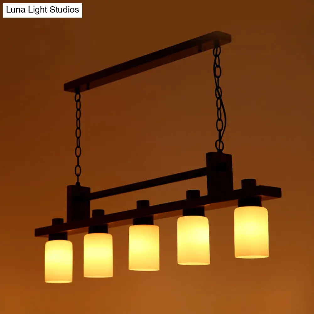 DecorBites™ 5-Light Island Pendant: Traditional Linear Wood Hanging Light in Brown with Opal Glass Shade