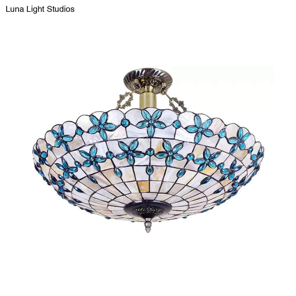 DecorBites™ DecorBites™ 5-Light Stained Glass Dome Semi Flush Ceiling Light in Antique Brass - Tiffany Style for Bedroom