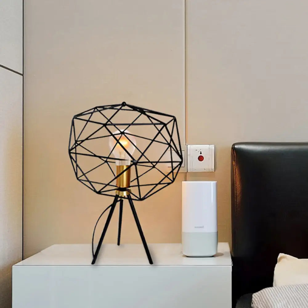 Lámpara de mesa metálica geométrica tipo jaula de 6"/12.5" de ancho - Lámpara de noche retro industrial en negro