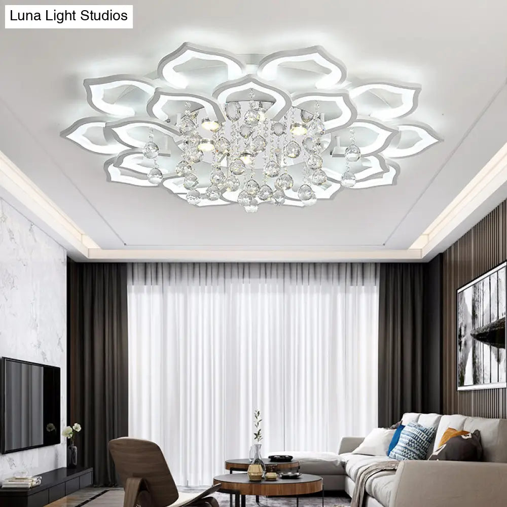 DecorBites™ 6/16/20 White Flush Mount Ceiling Light for Living Room - Warm/White Light, Floral Acrylic Shade, Crystal Drop