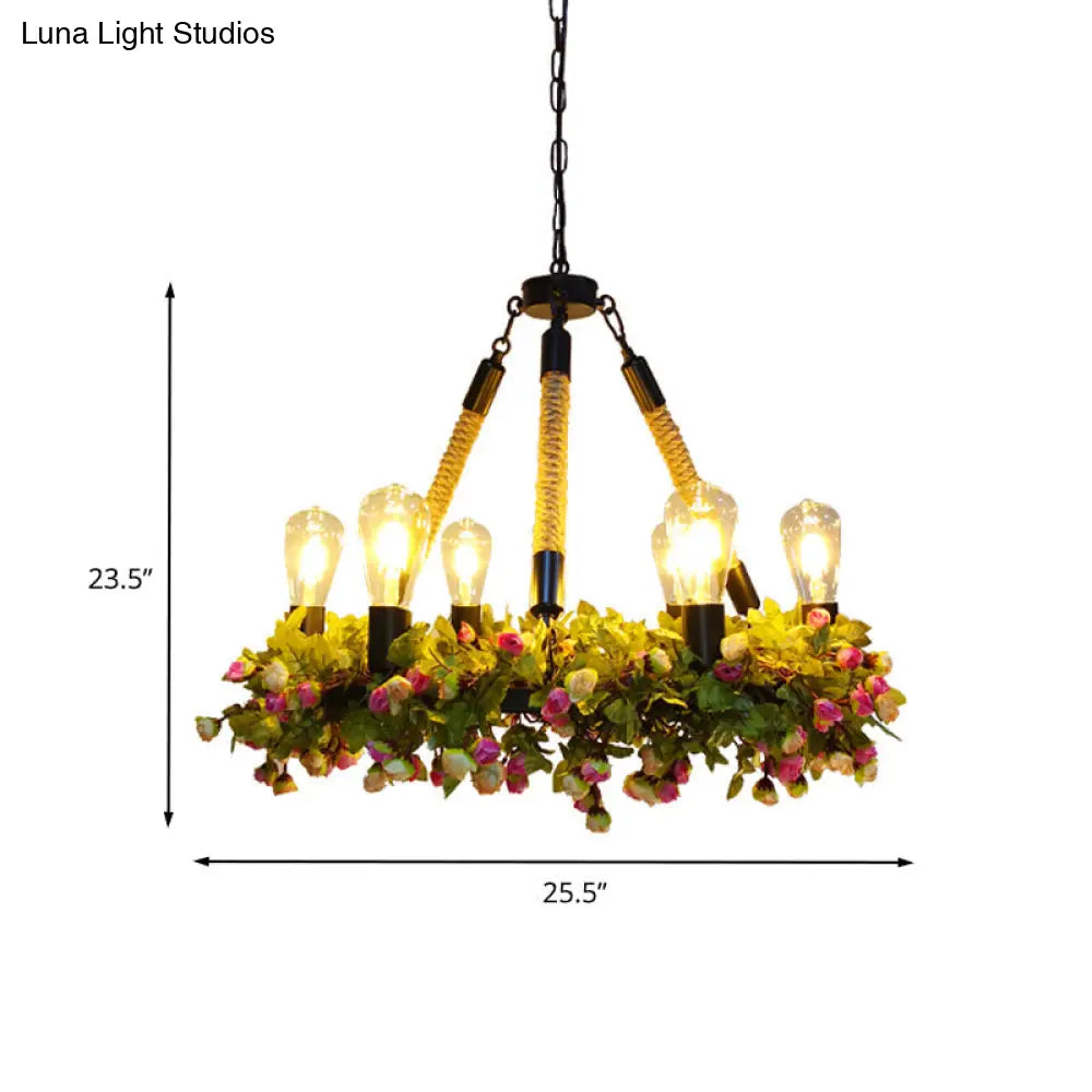 Lámpara de techo LED industrial de metal con 6 bombillas - Colgante de techo con bombillas expuestas en negro con detalles de rosa