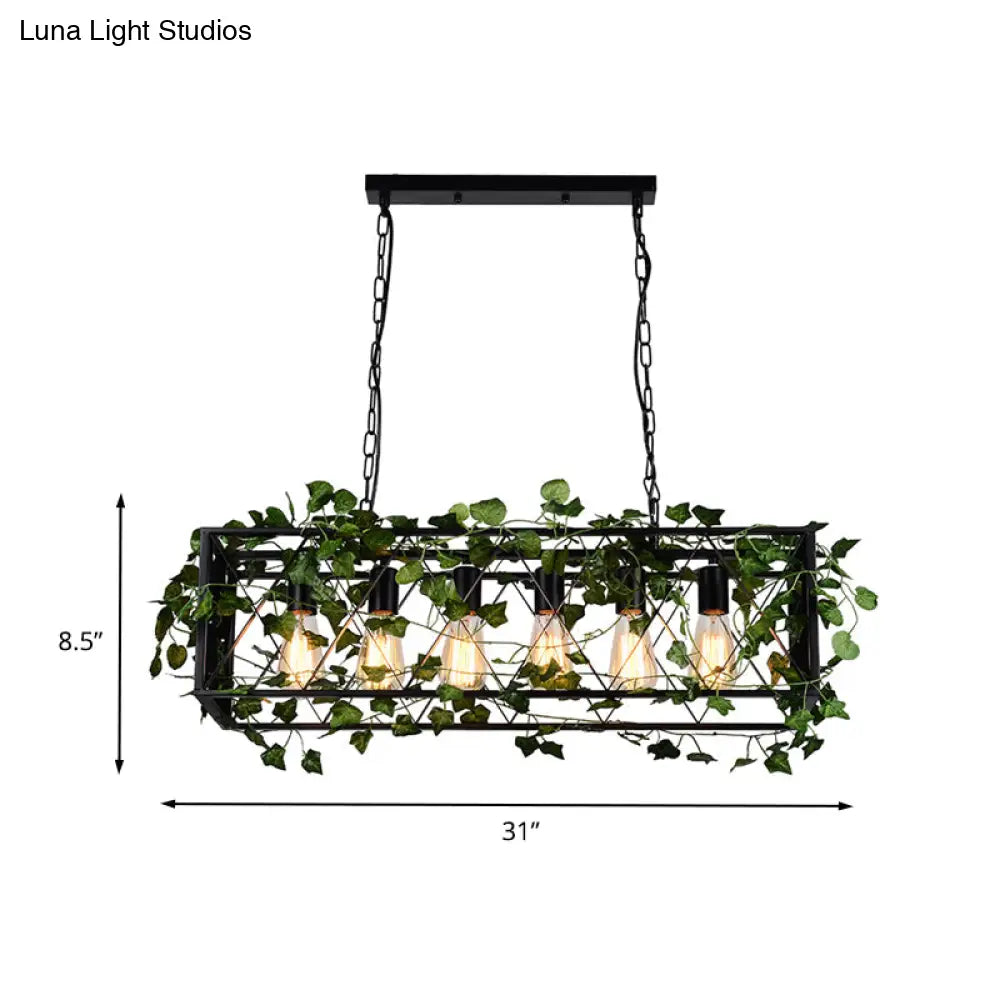 DecorBites™ 6-Head Metal Island Pendant - Antique Black Rectangular LED Down Lighting for Restaurants with Plant Decor