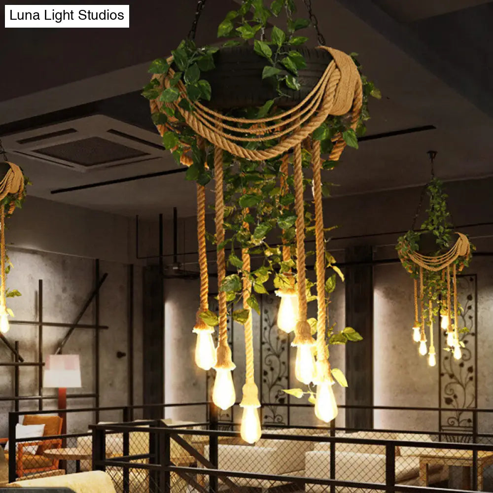 Lámpara de araña colgante de cuerda de cáñamo rosa/verde de 6 luces con bombilla expuesta y decoración de neumático de goma