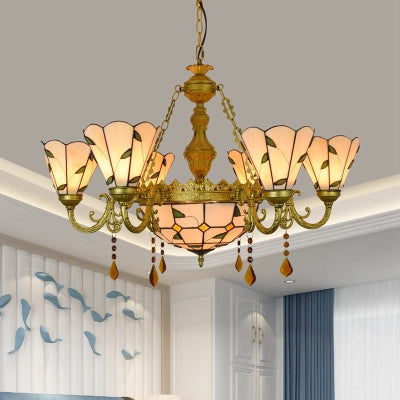 Lámpara de araña de cristal de colores azul/beige con diseño rústico de hojas y 8 luces