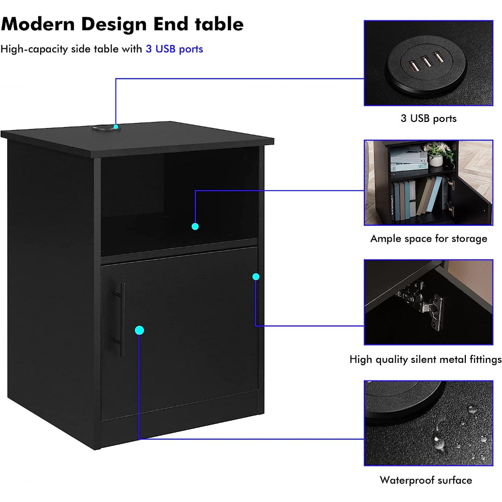 Egil - Modern Wide Top Open Shelf Cabinet Nightstand with Charging Station