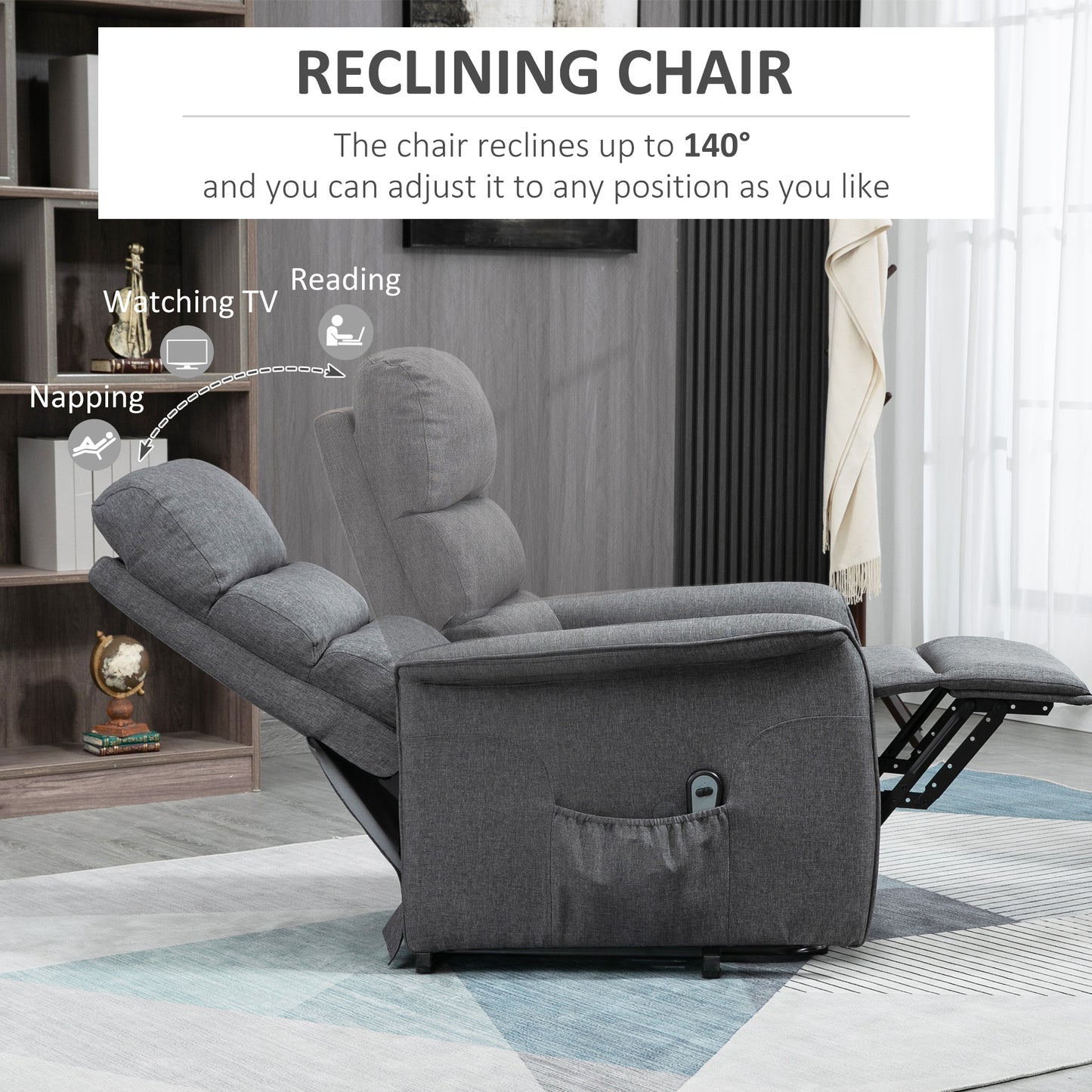 Power Lift Assist Recliner Chair For Elderly, Linen Fabric, Remote Control, Electric Sofa, Gray