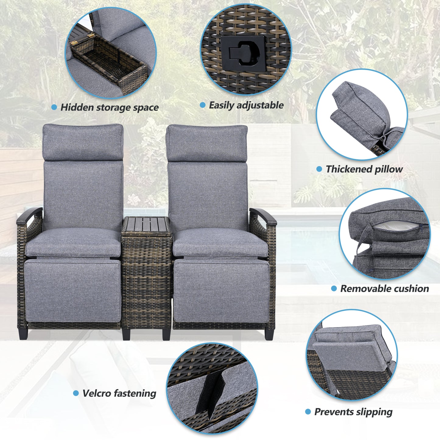 GO Patio Recliner Loveseat Chair, Adjustable Backrest Wicker Outdoor Lounge Chair Set With Acacia Wood Armrests And Built-in Storage Table For Balcony, Porch, Lawn, Gray