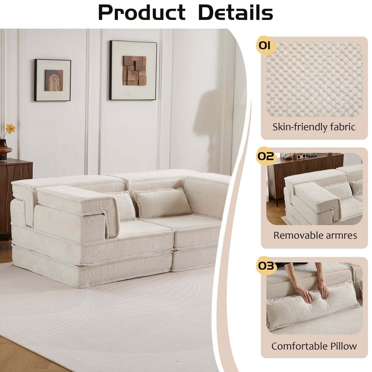 Compression Mahjong Sofa,Convertible Floor Sofa Bed,DIY Boneless Modular Sectional Sofa,No Assembly Required,Circle Fleece Fabric,Modern Oversized Loveseat,White