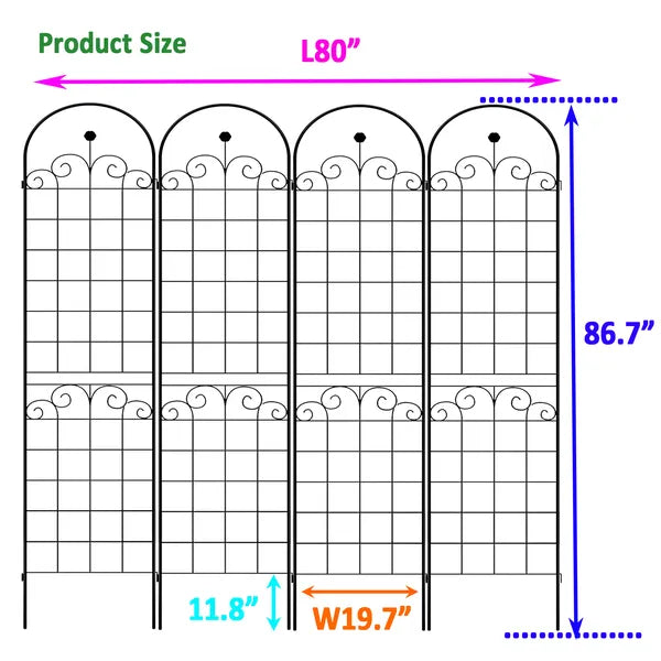 4 Pack Metal Garden Trellis For Climbing Plants Outdoor 86.7'' X 19.7'' Rustproof Plant Support Rose Trellis Netting Trellis Black