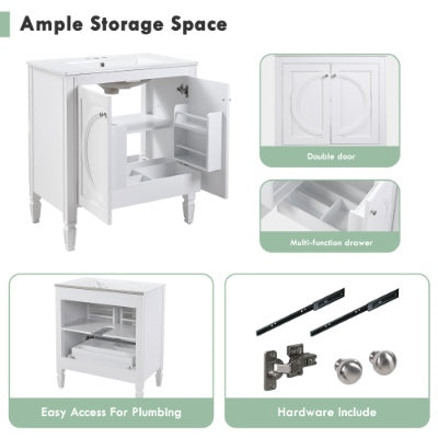 30 No Assembly Needed Vintage White Bathroom Vanity With Ceramic Sink,Two Soft Close Doors Adjustable Shelf,Modern Farmhouse Style