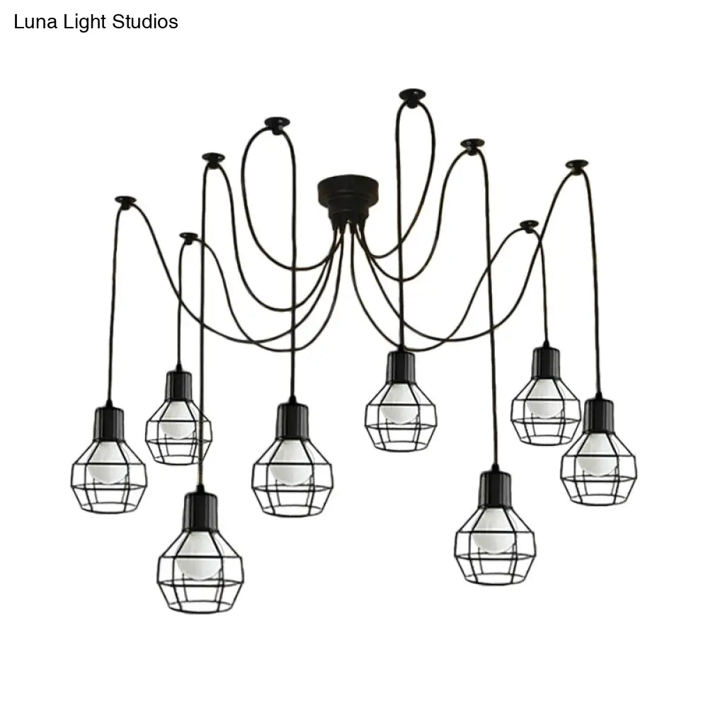Lámpara colgante industrial de hierro negro de 8 luces con diseño de jaula de bolas para sala de estar