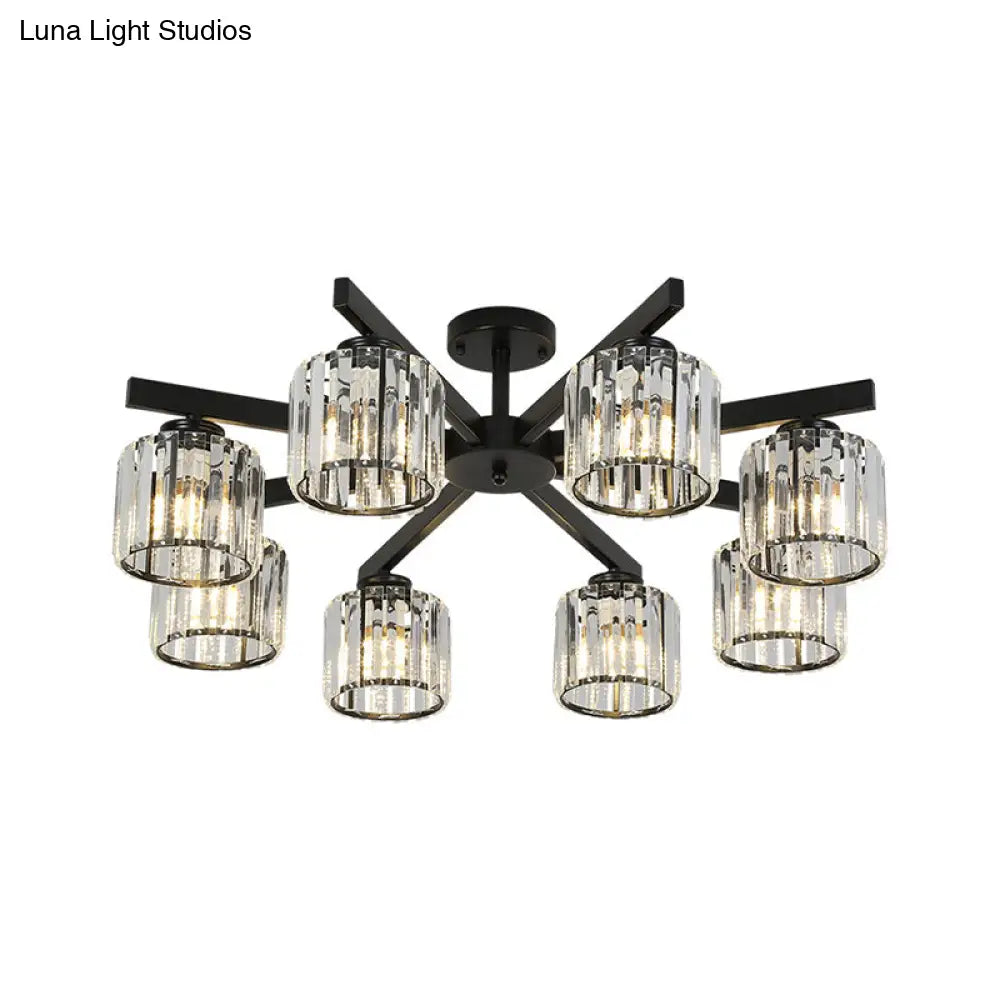 DecorBites™ DecorBites™ 8 Head Living Room Semi Flush Mount Black Ceiling Light with Crystal Cylinder Shade