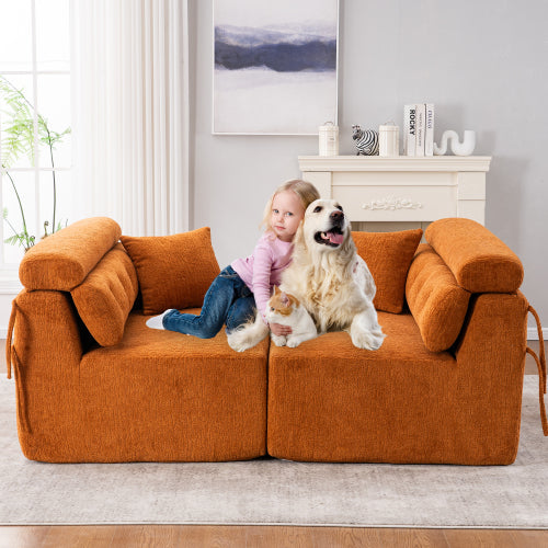 LY-029 ORANGE COMPRESSION SOFA 4-seater Combined Sofa, Wood Grain Chenille Fabric, Full Sponge Compression Sofa,combined Sofa With 2 Pillows For Living Home Furniture Apartment