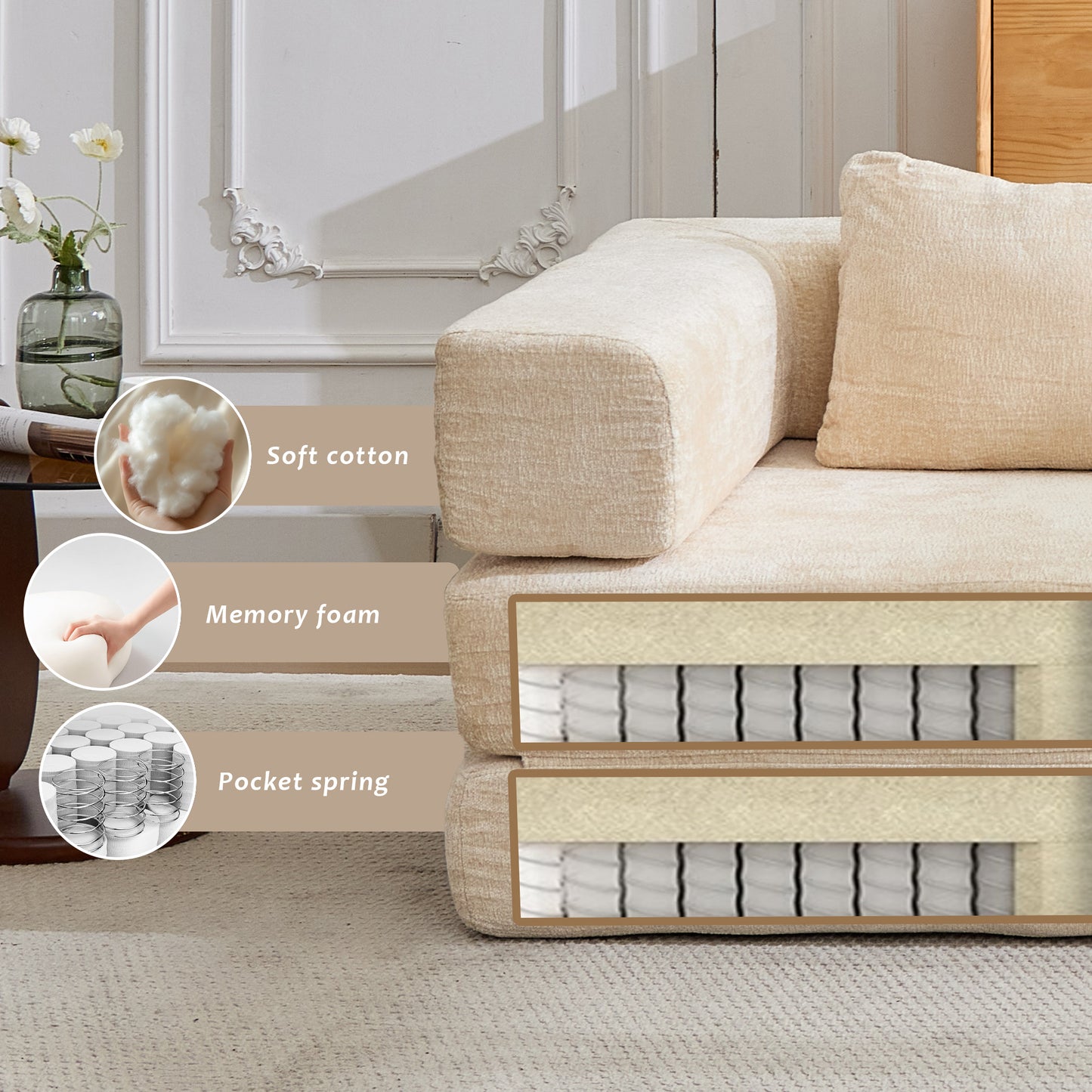 Compression Sofa,Convertible Floor Sofa Bed With Fixed-Shape Frame,Single Seater Boneless Modular Sectional Sofa,No Assembly Required,Chenille Fabric,for Living Room Bedroom,Beige