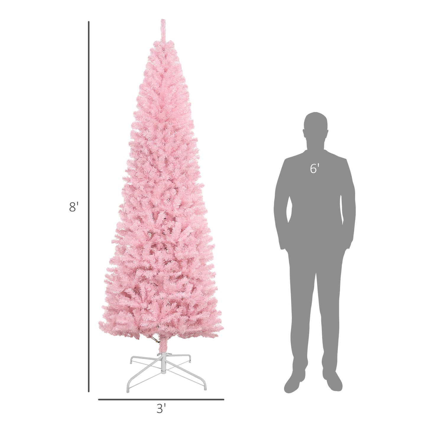 HOMCOM 8' Tall Unlit Slim Douglas Fir Artificial Christmas Tree With 1168 Realistic Branch Tips, Pink