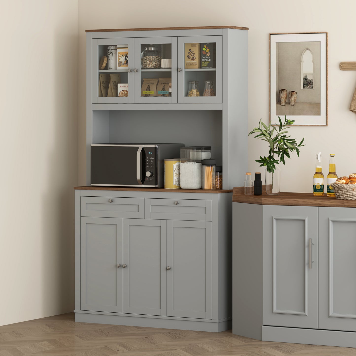 71 Kitchen Pantry Cabinet With Microwave Stand, Kitchen Hutch With 2 Drawers And Adjustable Shelves, Gray