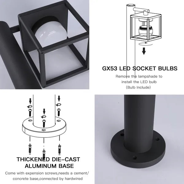 Outdoor Driveway Light Bollard Landscape Path Light With GX53 LED Bulb 120V Hard Wired 36514