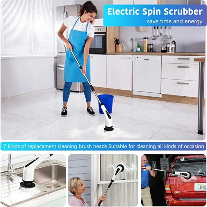 DecorBites™ Electric Spin Scrubber with 7 Brush Heads - Adjustable Handle for Kitchen Bathroom Clean