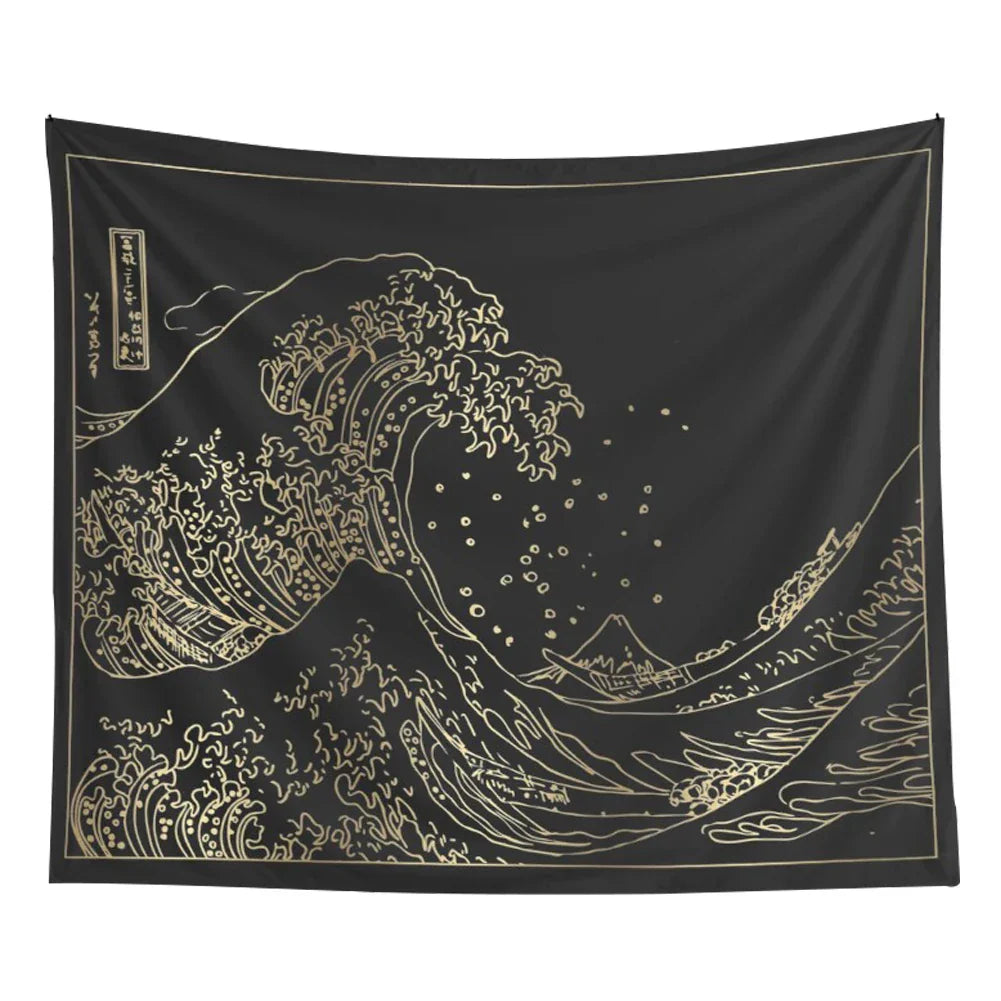 DecorBites™ Kanagawa Wave Black White Tapestry Japanese Surfing Vintage Art Wall Hanging