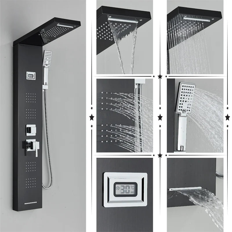 مجموعة دش DecorBites™ Black Rainfall مع نظام تدليك وشاشة درجة الحرارة