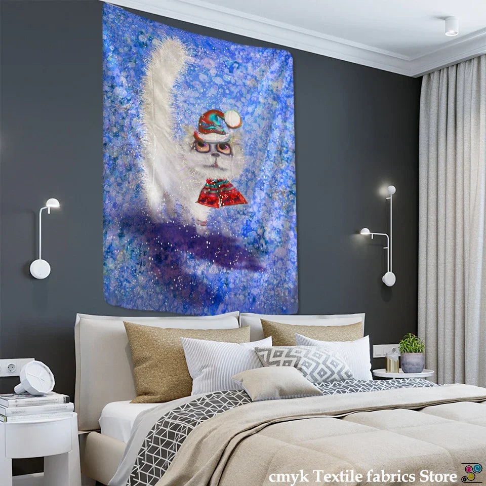 DecorBites™ Christmas Kitten Snowman Tapestry Wall Hanging - Anime Cute Illustration Home Decor