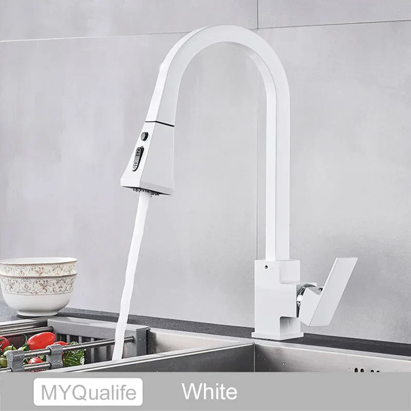DecorBites™ Black Kitchen Faucet Pull Out Mixer Square Single Handle Deck Mounted Tap