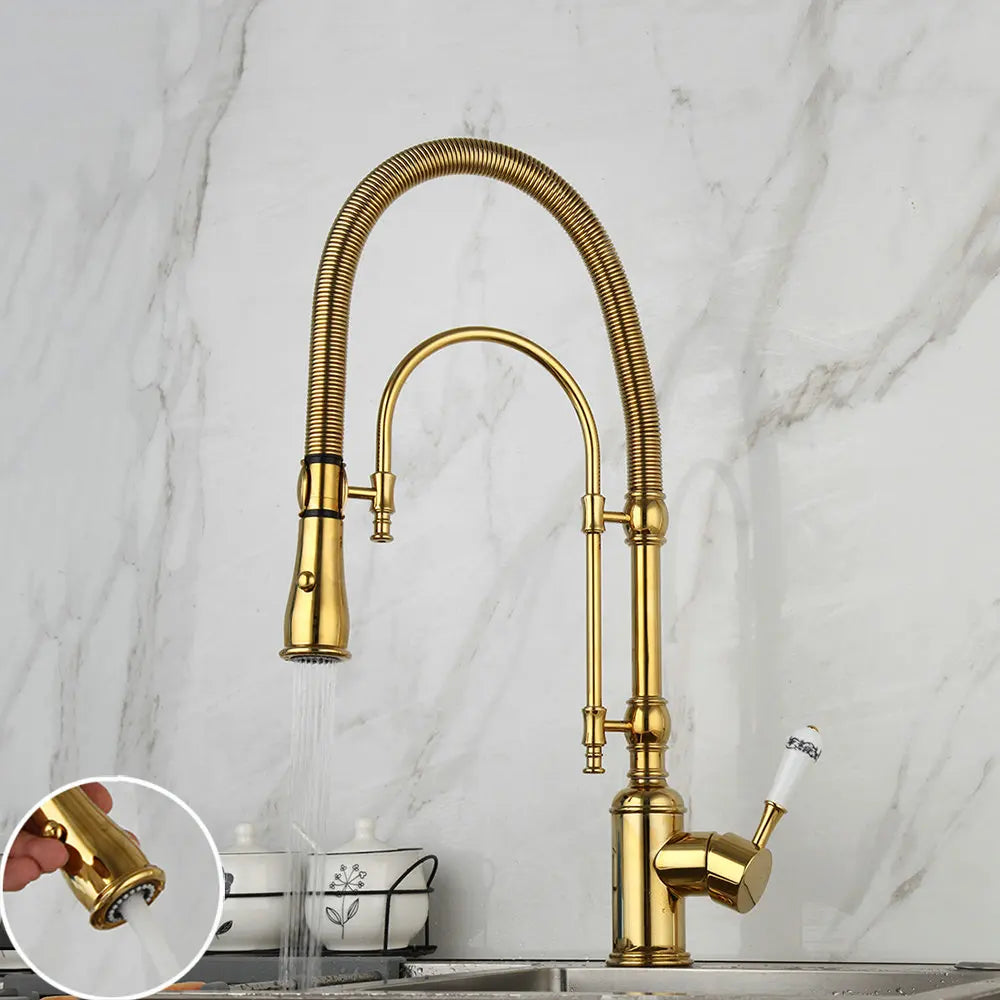 Grifo mezclador giratorio para lavabo de cocina DecorBites™ dorado con resorte extraíble