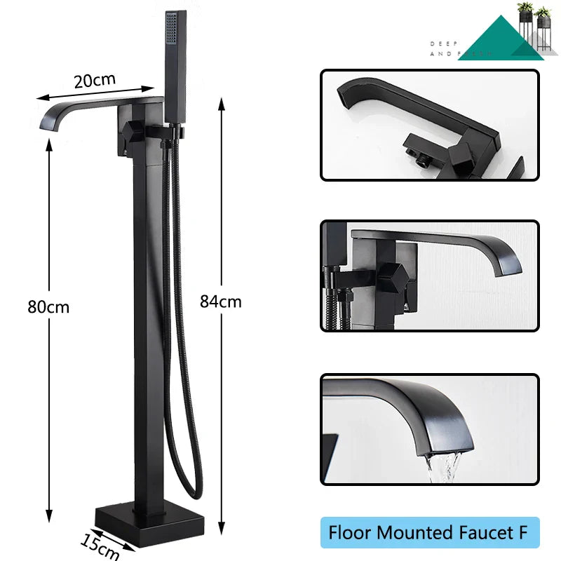 DecorBites™ Matte Black Waterfall Bathtub Shower Faucet, Floor Standing Hot Cold Mixer Tap