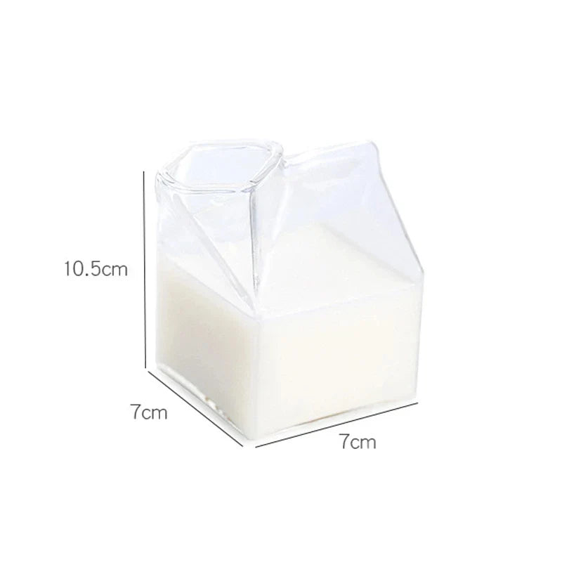 Vaso de cristal DecorBites™ con forma de caja de leche creativa - 250 ml | Bonito recipiente transparente para zumo y café