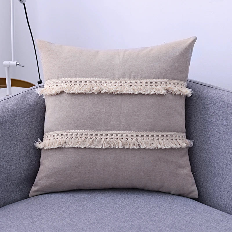 DecorBites™ Boho Style Tassel Pillow Cover Set for Sofa Bed, Beige Grey Blue Yellow