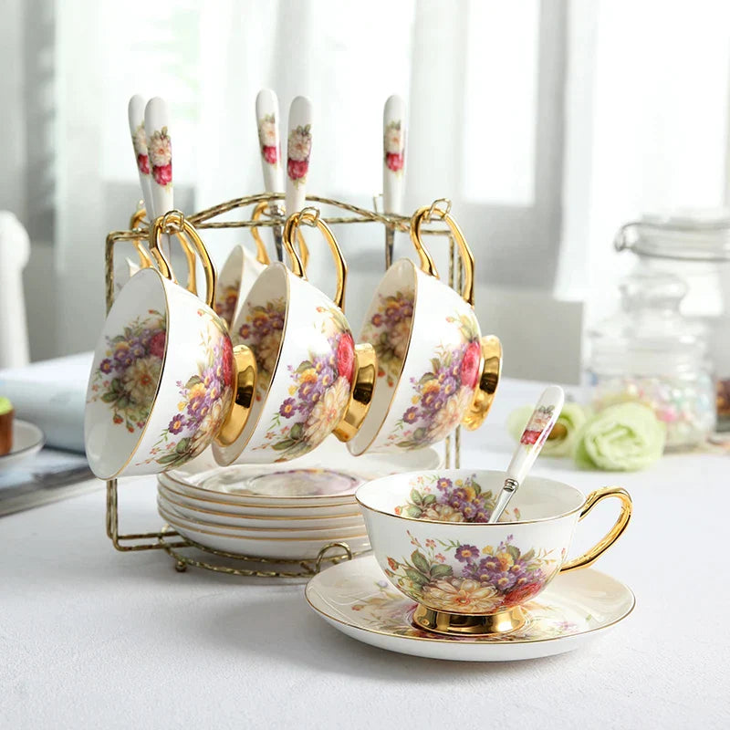DecorBites™ Elegant Floral Bone China Tea Cup Set 200ml - Premium Porcelain Teacup Saucer Spoon