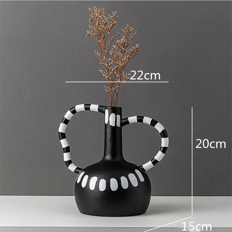 DecorBites™ Ceramic Vase with Black and White Spots | Abstract Wave Point Design