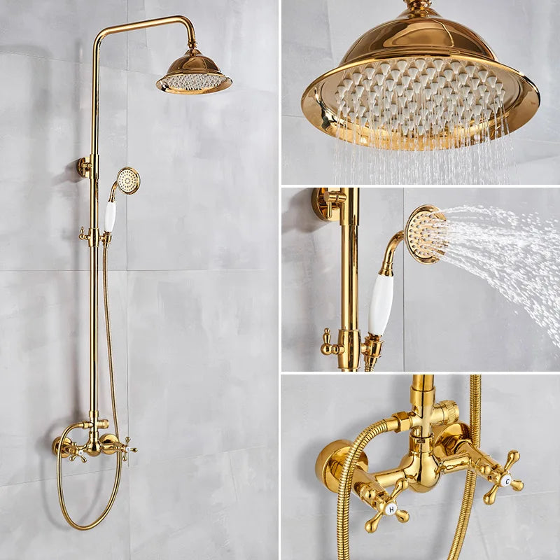 DecorBites™ Gold Shower Faucet Set with 8" Rainfall Shower Head and Hand Shower